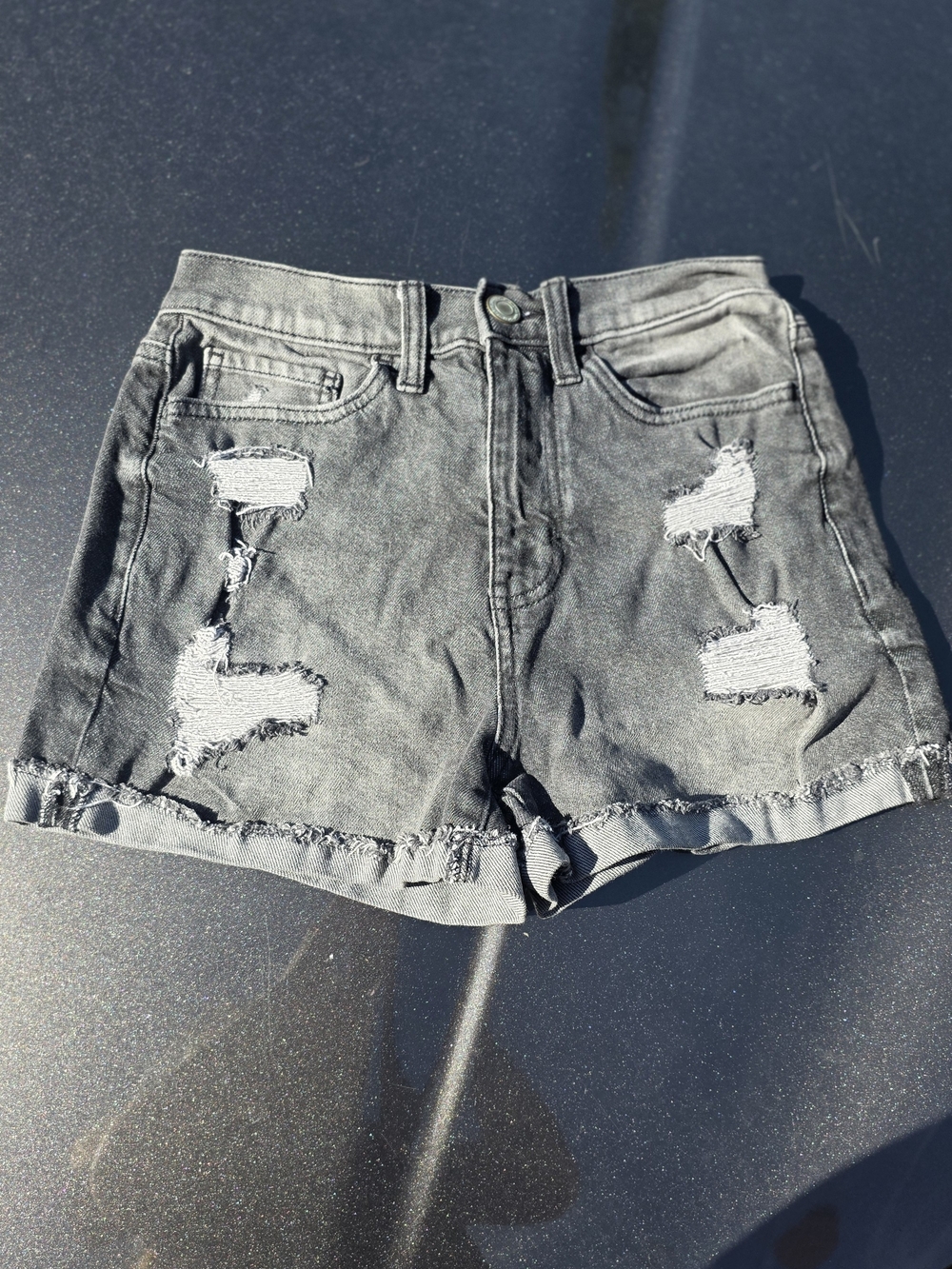 SO Women's Distressed Gray Denim Shorts